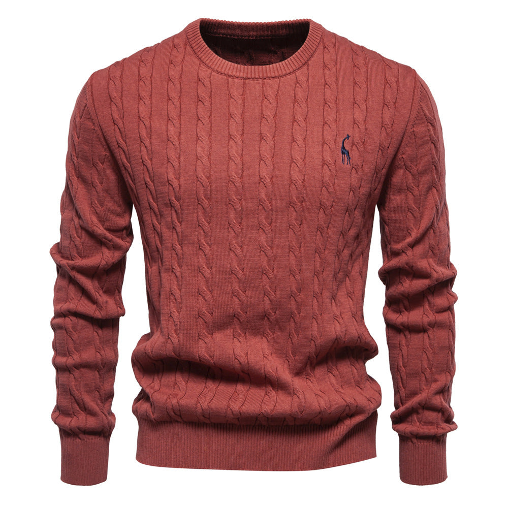 Pull col rond pour homme avec broderie girafe à motif torsadé
