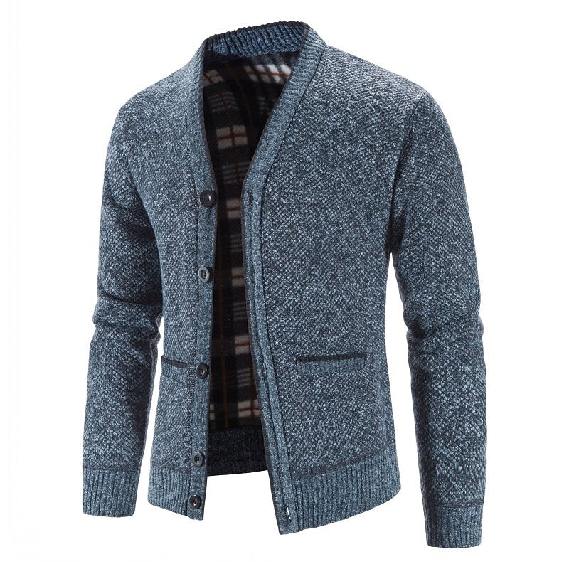 Cardigan boutonné col V en maille pour homme avec doublure en flanelle et poches