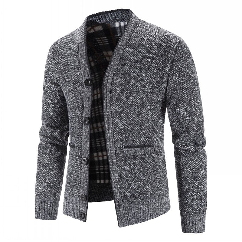 Cardigan boutonné col V en maille pour homme avec doublure en flanelle et poches