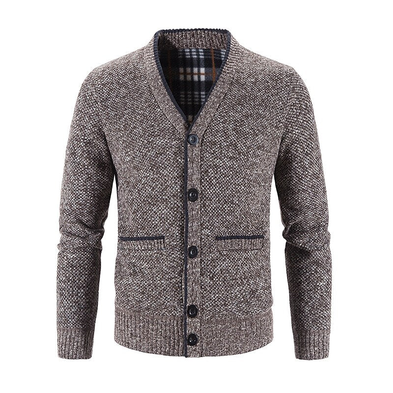 Cardigan boutonné col V en maille pour homme avec doublure en flanelle et poches