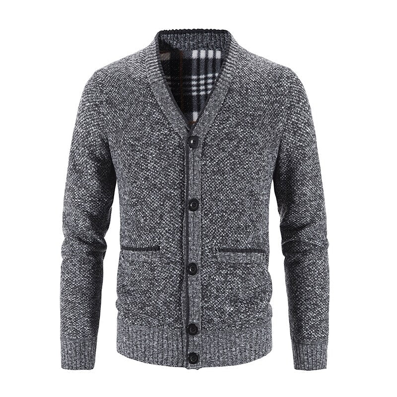 Cardigan boutonné col V en maille pour homme avec doublure en flanelle et poches