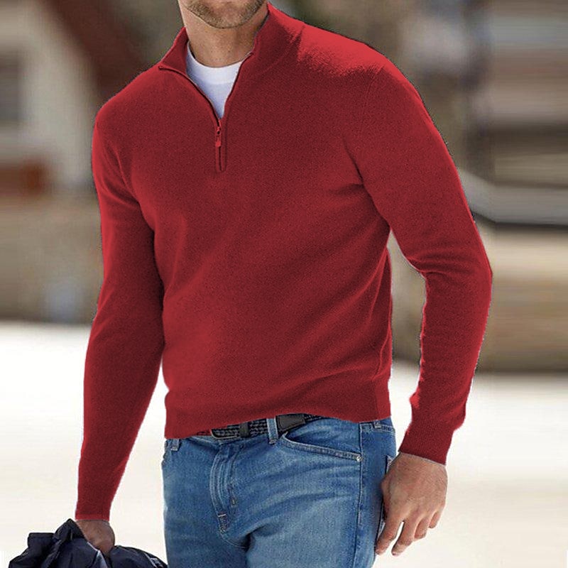 Chandail en tricot pour homme, col montant, demi-fermeture éclair, couleur unie